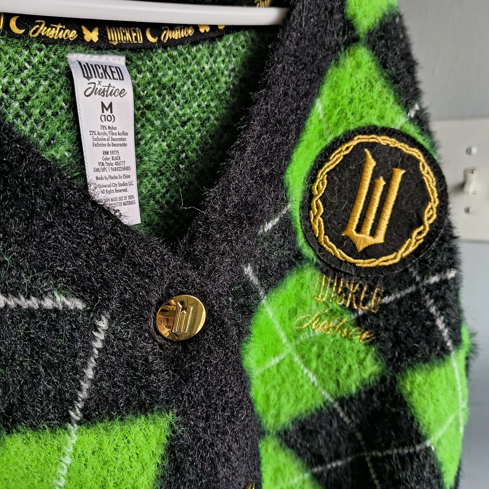 Justice Wicked Green and Black Argyle Crop Cardigan Size 10/M Kids - Picture 2 of 3